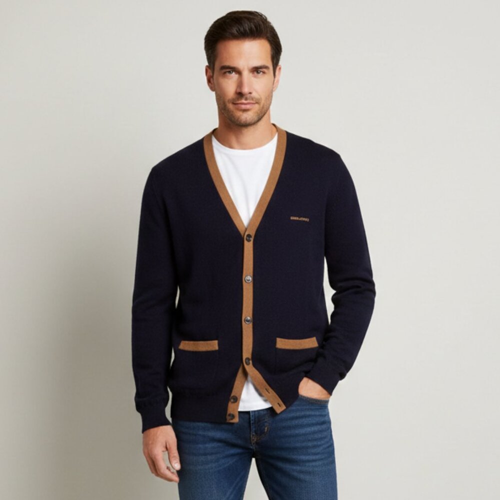 Dsquared2 Men's Large Navy/Tan Button Down V-Neck Wool Cashmere Blend Cardigan